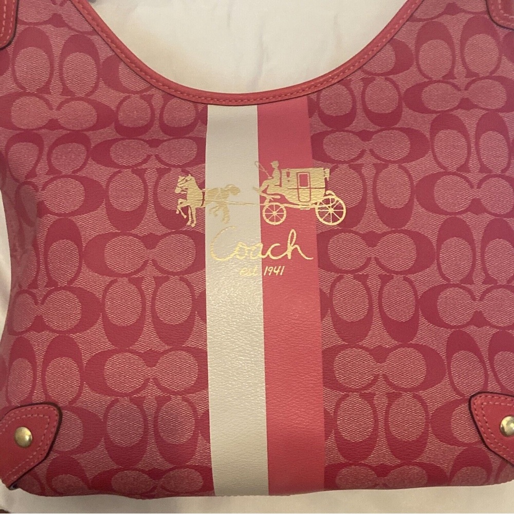 NWT Coach 13193 Heritage Stripe Signature Convertible Magenta Canvas Hobo Bag - Picture 3 of 9